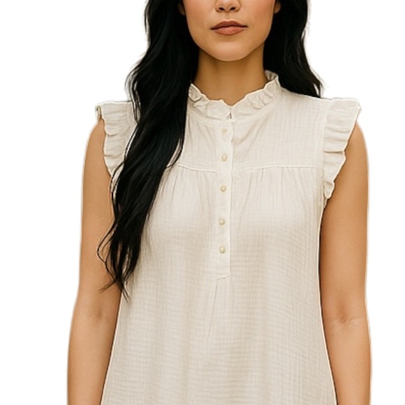 J.Crew | Creamy Gauze Cotton Smocked Ruffleneck Sleeveless Top Small Neutral - Picture 1 of 9